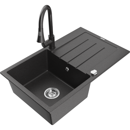 Mexen Bruno granite kitchen sink 1-bowl with drainer and kitchen faucet Elia, black speckled - 6513-76-670101-76
