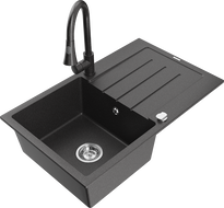 Mexen Bruno 1-bowl granite sink with drainer and Elia kitchen faucet, speckled black - 6513-76-670101-76
