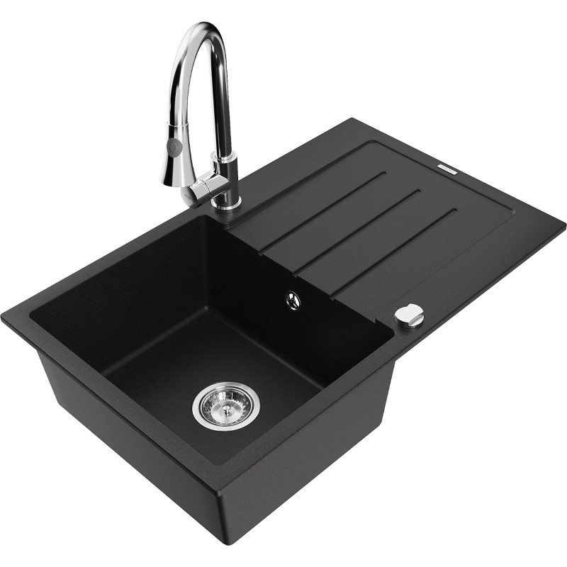 Mexen Bruno 1-basin granite sink with drainer and Elia kitchen faucet, black - 6513-77-670101-00