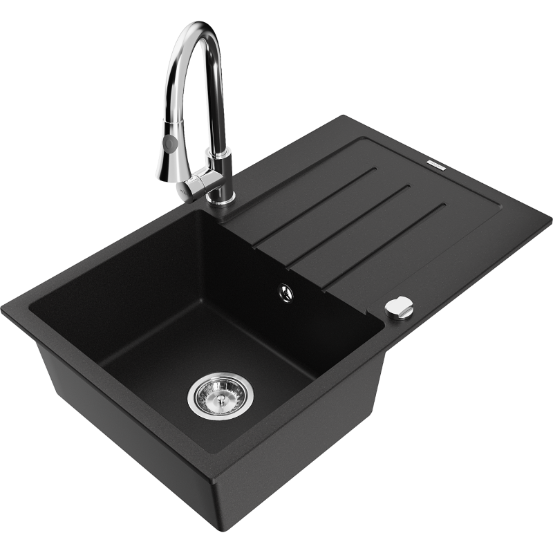 Mexen Bruno 1-compartment granite sink with a drip tray and kitchen mixer tap Elia, Black - 6513-77-670101-00