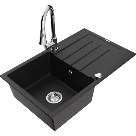 Mexen Bruno 1-basin granite sink with drainer and Elia kitchen faucet, black - 6513-77-670101-00