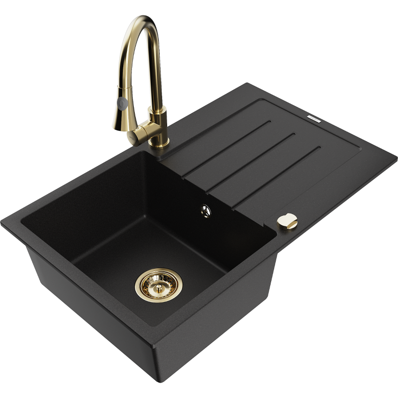Mexen Bruno 1-compartment granite sink with a drip tray and kitchen mixer tap Elia, Black - 6513-77-670101-50