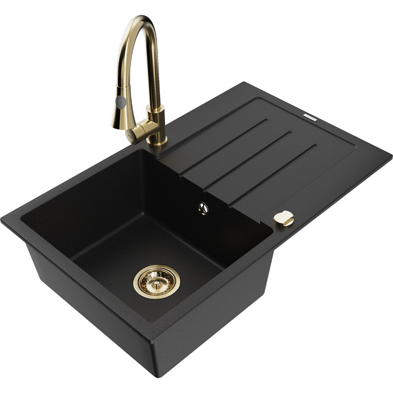 Mexen Bruno granite sink 1-bowl with drainer and Elia kitchen faucet, black - 6513-77-670101-50