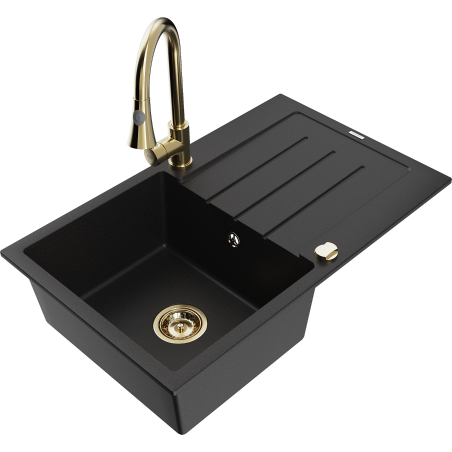 Mexen Bruno 1-bowl granite sink with drainer and Elia kitchen tap, black - 6513-77-670101-50