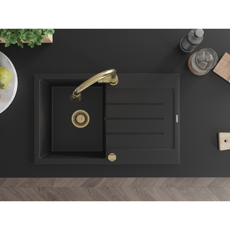 Mexen Bruno granite sink 1-bowl with drainer and Elia kitchen faucet, black - 6513-77-670101-50