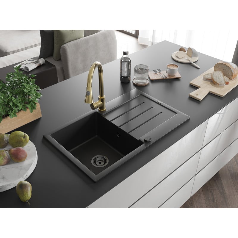 Mexen Bruno 1-bowl granite sink with drainer and Elia kitchen tap, black - 6513-77-670101-50-B