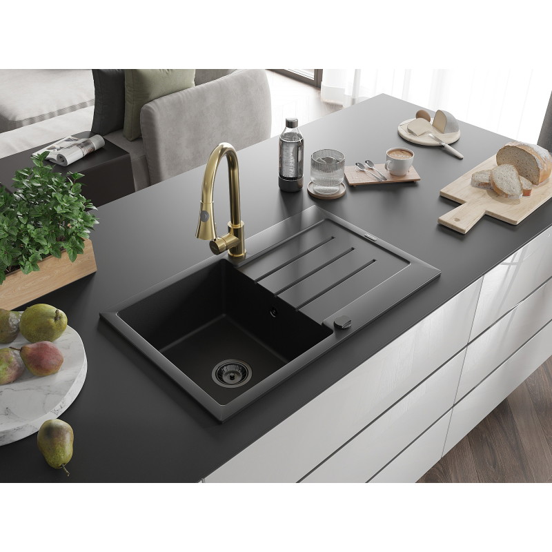 Mexen Bruno 1-bowl granite sink with drainer and kitchen faucet Elia, black - 6513-77-670101-50-B