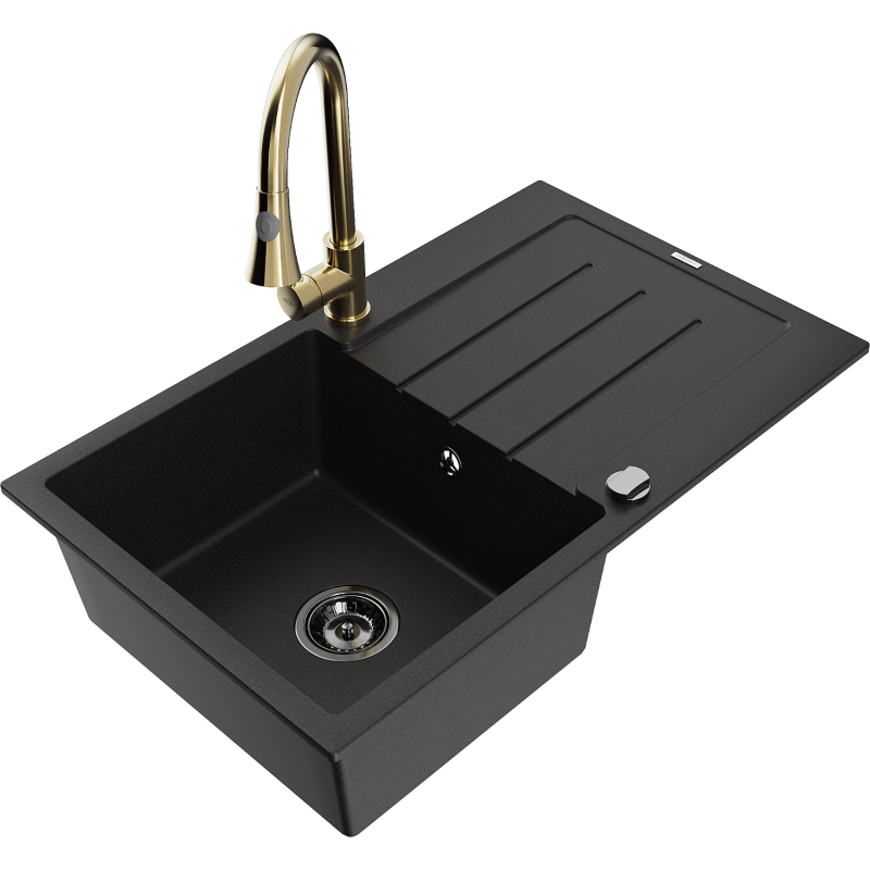 Mexen Bruno 1-bowl granite sink with drainer and Elia kitchen tap, black - 6513-77-670101-50-B