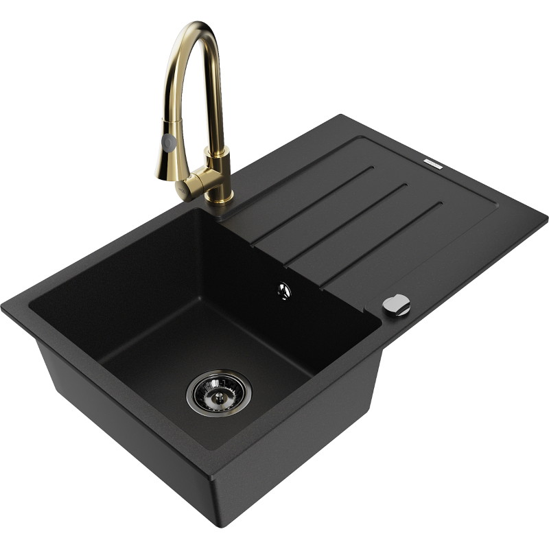 Mexen Bruno 1-bowl granite sink with drainer and kitchen faucet Elia, black - 6513-77-670101-50-B