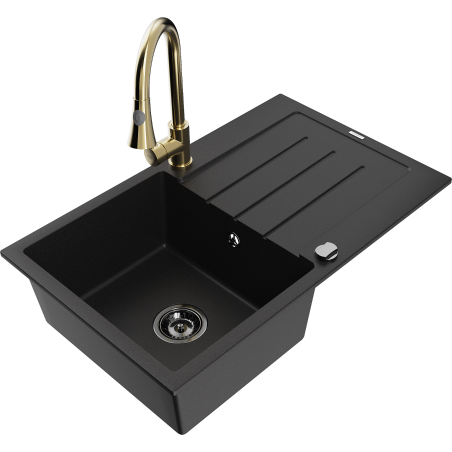 Mexen Bruno 1-bowl granite sink with drainer and Elia kitchen faucet, black - 6513-77-670101-50-B