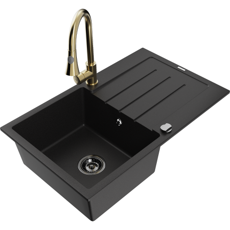 Mexen Bruno 1-bowl granite sink with drainer and Elia kitchen tap, black - 6513-77-670101-50-B