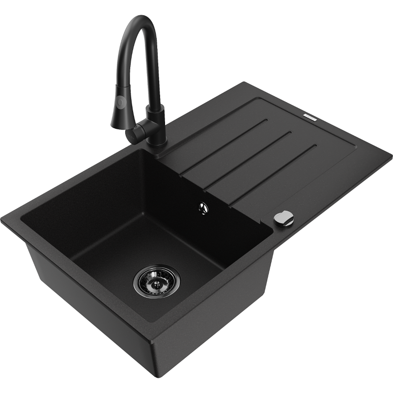 Mexen Bruno 1-bowl granite sink with drainer and Elia kitchen tap, black - 6513-77-670101-70-B
