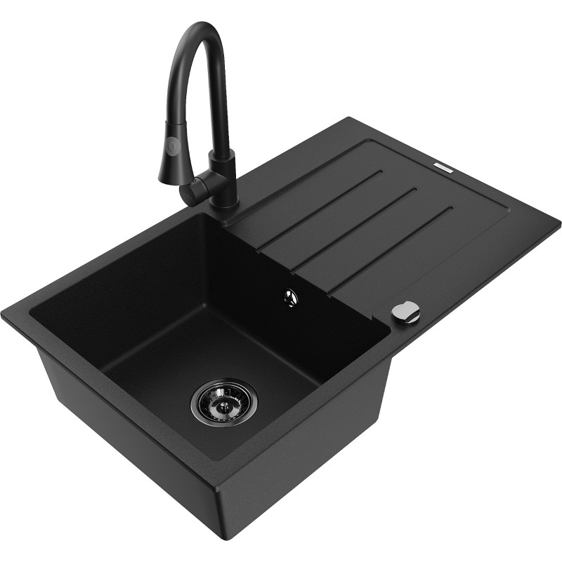 Mexen Bruno granite kitchen sink 1-bowl with drainer and Elia kitchen faucet, black - 6513-77-670101-70-B