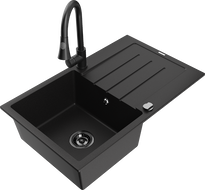 Mexen Bruno granite sink 1-bowl with drainer and Elia kitchen faucet, black - 6513-77-670101-70-B