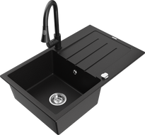Mexen Bruno granite single-bowl sink with drainer and Elia kitchen faucet, black - 6513-77-670101-70