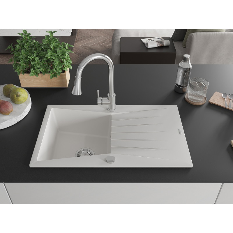 Mexen Cesar 1-bowl granite sink with drainer and Elia kitchen faucet, white - 6514-20-670101-00