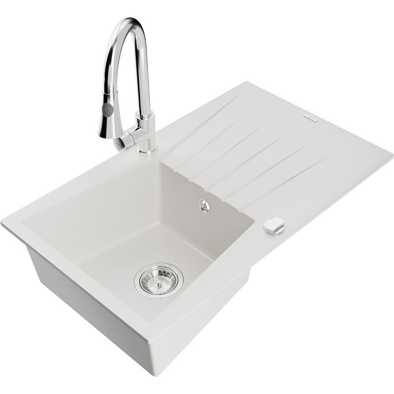Mexen Cesar granite kitchen sink 1-bowl with drainer and Elia kitchen faucet, white - 6514-20-670101-00