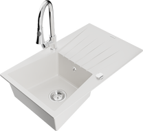 Mexen Cesar granite kitchen sink 1-bowl with drainer and Elia kitchen faucet, white - 6514-20-670101-00