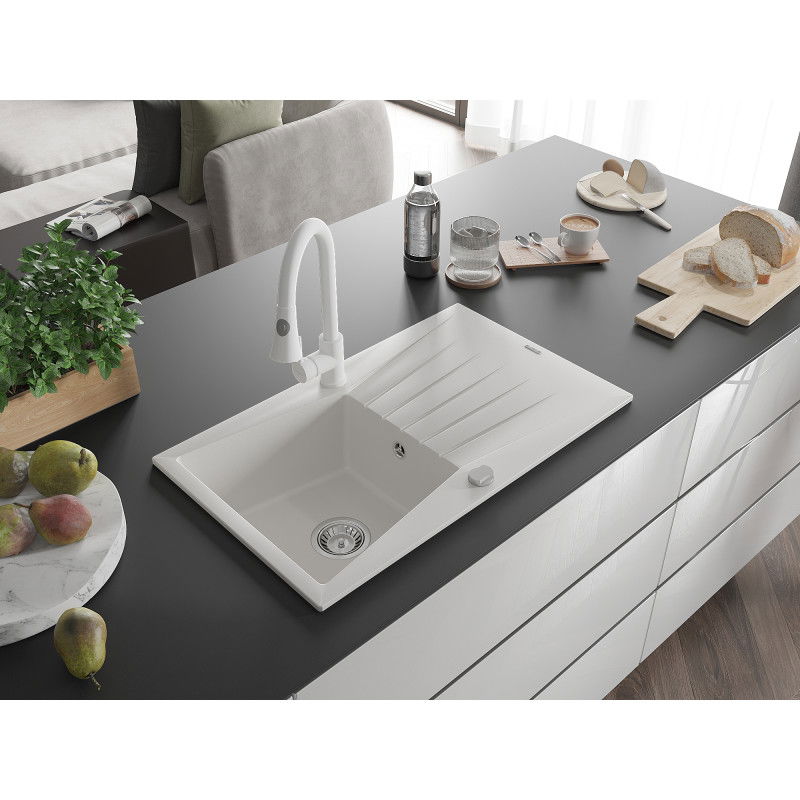 Mexen Cesar granite kitchen sink 1-bowl with drainer and Elia kitchen tap, white - 6514-20-670101-20