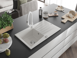 Mexen Cesar 1-compartment granite sink with a drip tray and kitchen mixer tap Elia, White - 6514-20-670101-20