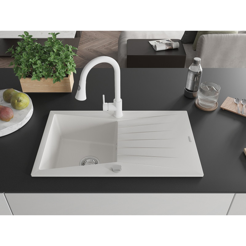 Mexen Cesar granite kitchen sink 1-bowl with drainer and Elia kitchen faucet, white - 6514-20-670101-20