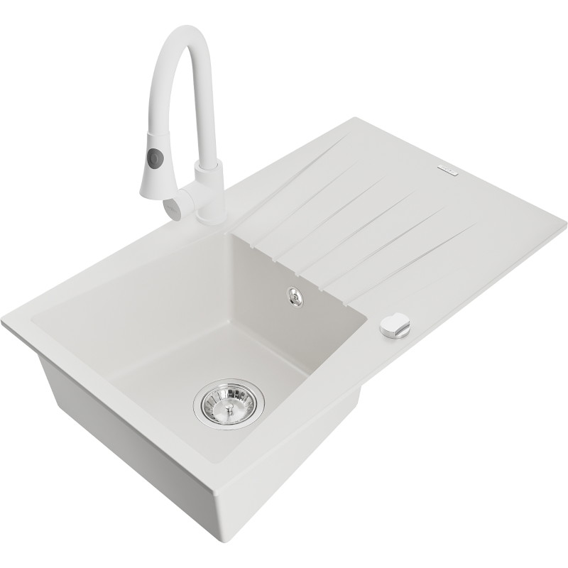 Mexen Cesar granite kitchen sink 1-bowl with drainer and Elia kitchen faucet, white - 6514-20-670101-20