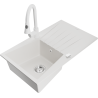 Mexen Cesar granite kitchen sink 1-bowl with drainer and Elia kitchen faucet, white - 6514-20-670101-20