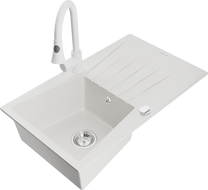 Mexen Cesar granite kitchen sink 1-bowl with drainer and Elia kitchen faucet, white - 6514-20-670101-20