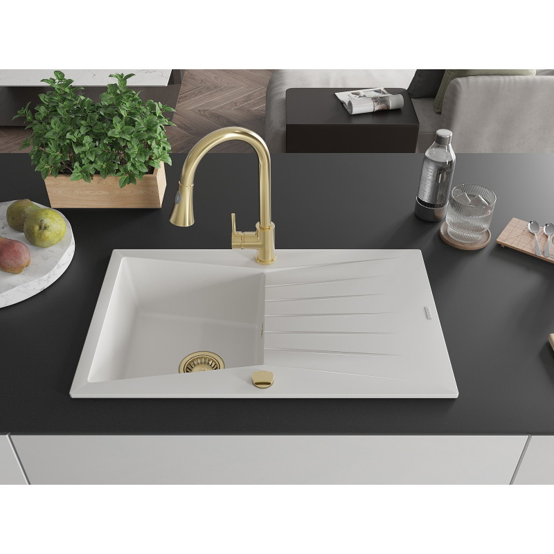 Mexen Cesar granite sink 1-bowl with drainer and kitchen faucet Elia, white - 6514-20-670101-50