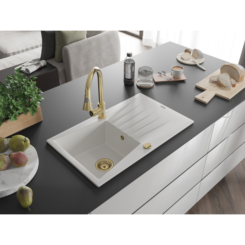 Mexen Cesar granite sink 1-bowl with drainer and kitchen faucet Elia, white - 6514-20-670101-50