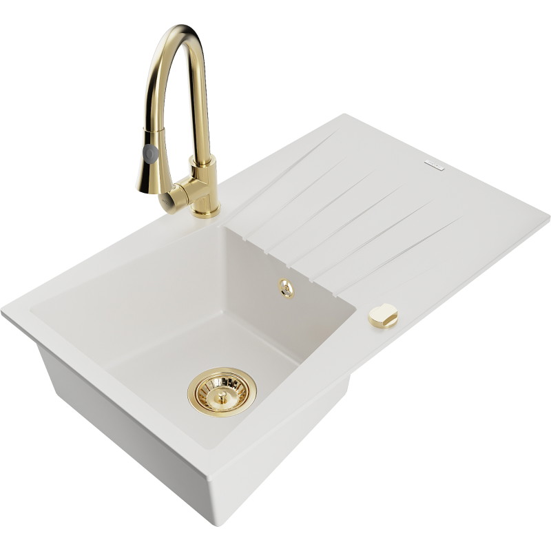 Mexen Cesar granite sink 1-bowl with drainer and kitchen faucet Elia, white - 6514-20-670101-50