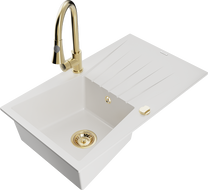 Mexen Cesar 1-compartment granite sink with a drip tray and kitchen mixer tap Elia, White - 6514-20-670101-50