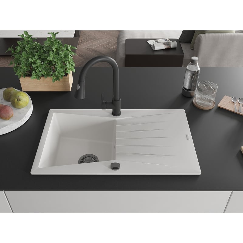 Mexen Cesar granite kitchen sink 1-bowl with drainer and Elia kitchen faucet, white - 6514-20-670101-70