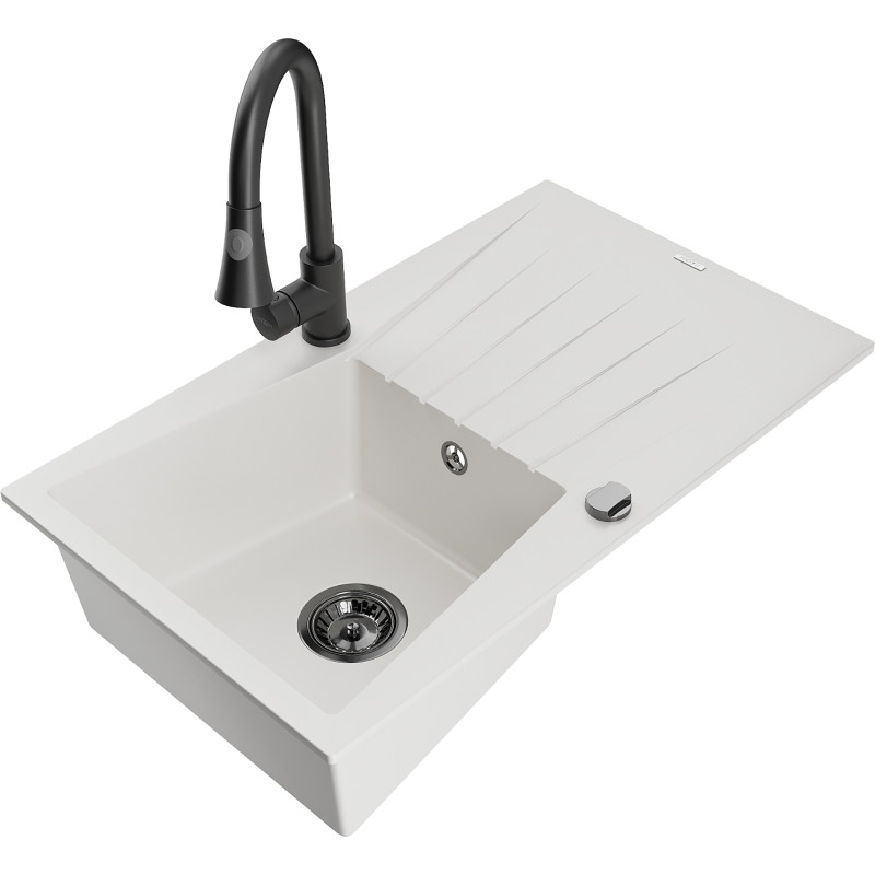 Mexen Cesar 1-bowl granite sink with drainer and Elia kitchen faucet, white - 6514-20-670101-70