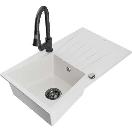 Mexen Cesar granite kitchen sink 1-bowl with drainer and Elia kitchen faucet, white - 6514-20-670101-70