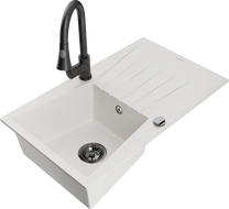 Mexen Cesar 1-bowl granite sink with drainer and Elia kitchen faucet, white - 6514-20-670101-70
