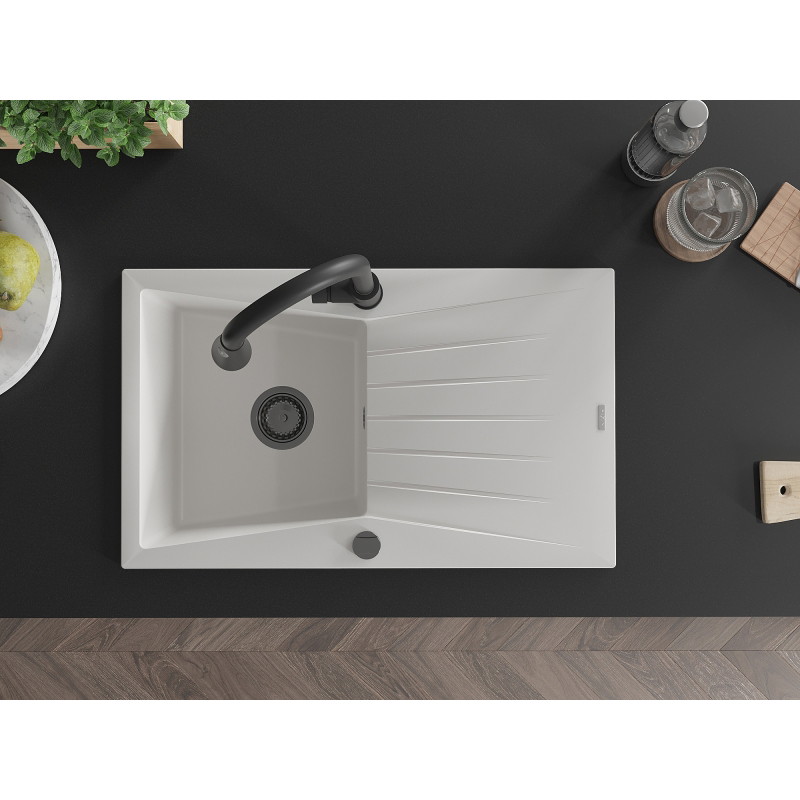 Mexen Cesar granite kitchen sink 1-bowl with drainer and Elia kitchen faucet, white - 6514-20-670101-70