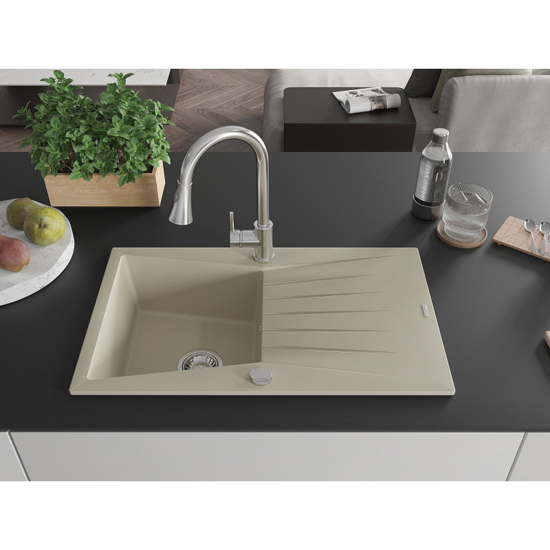 Mexen Cesar granite sink 1-bowl with drainer and kitchen faucet Elia, beige - 6514-69-670101-00