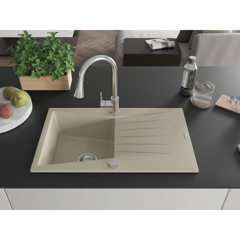 Mexen Cesar one-bowl granite sink with drainer and Elia kitchen tap, beige - 6514-69-670101-00
