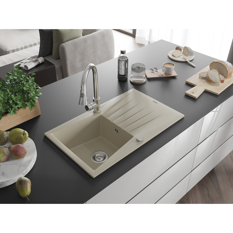 Mexen Cesar granite kitchen sink 1-bowl with drainer and Elia kitchen faucet, beige - 6514-69-670101-00
