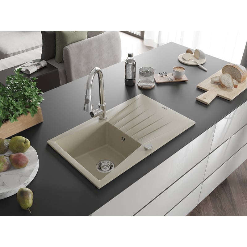 Mexen Cesar granite sink 1-bowl with drainer and kitchen faucet Elia, beige - 6514-69-670101-00