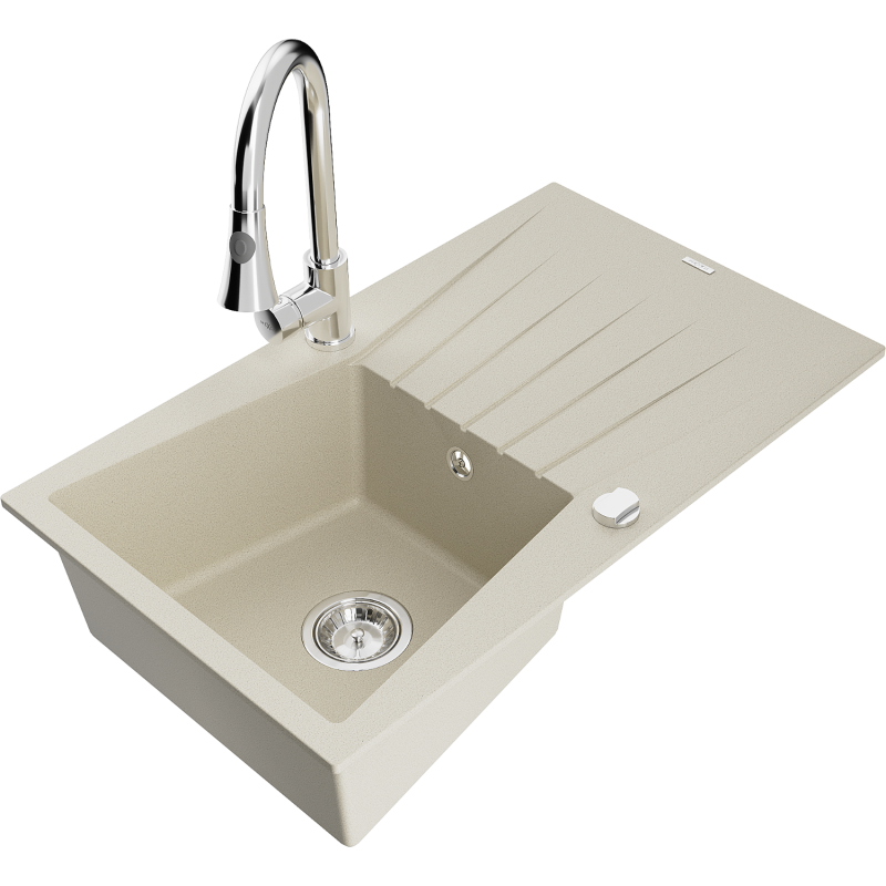 Mexen Cesar 1-compartment granite sink with a drip tray and kitchen mixer tap Elia, Beige - 6514-69-670101-00