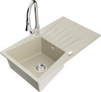 Mexen Cesar 1-compartment granite sink with a drip tray and kitchen mixer tap Elia, Beige - 6514-69-670101-00