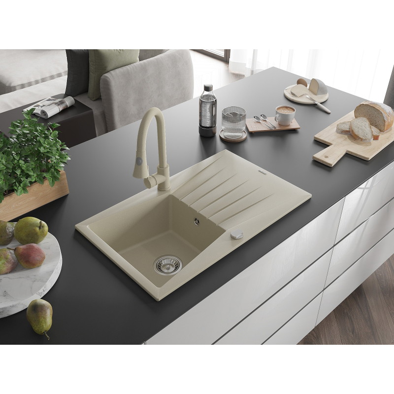 Mexen Cesar 1-bowl granite sink with drainer and Elia kitchen faucet, beige - 6514-69-670101-69