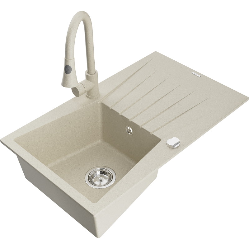 Mexen Cesar 1-bowl granite sink with drainer and Elia kitchen faucet, beige - 6514-69-670101-69