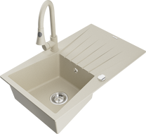 Mexen Cesar 1-compartment granite sink with a drip tray and kitchen mixer tap Elia, Beige - 6514-69-670101-69