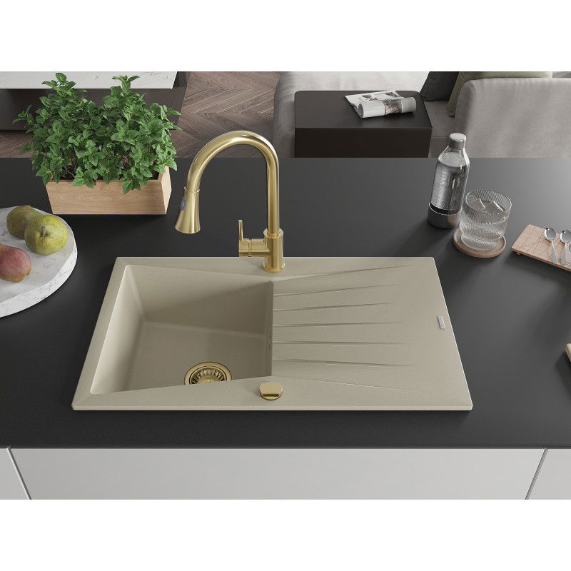 Mexen Cesar granite sink 1-bowl with drainer and Elia kitchen tap, beige - 6514-69-670101-50