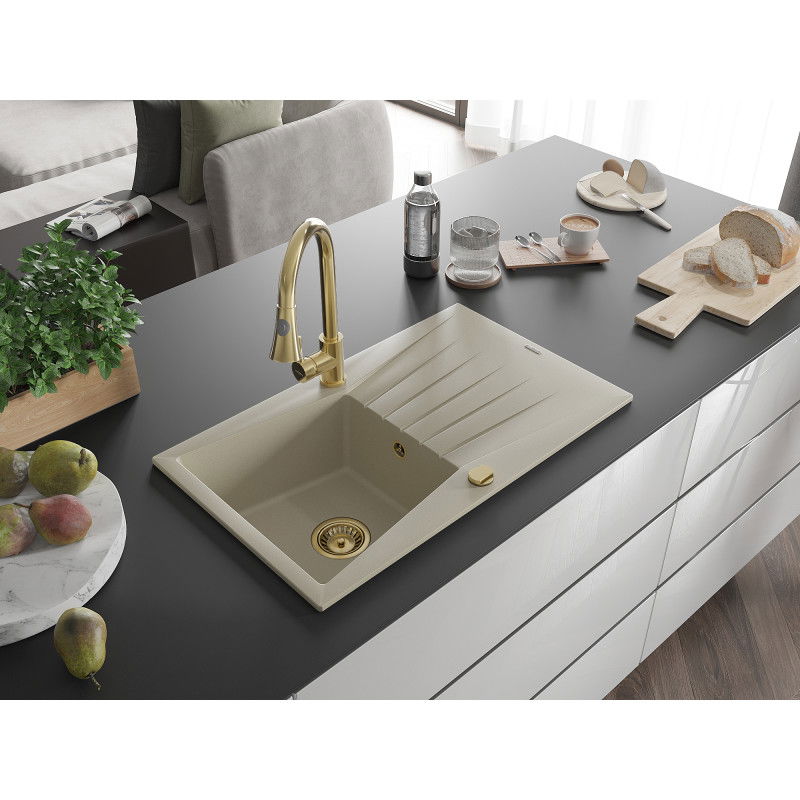 Mexen Cesar granite sink 1-bowl with drainer and Elia kitchen tap, beige - 6514-69-670101-50