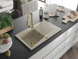 Mexen Cesar 1-compartment granite sink with a drip tray and kitchen mixer tap Elia, Beige - 6514-69-670101-50