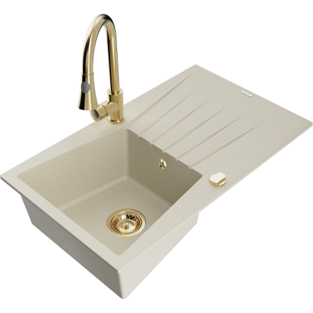 Mexen Cesar 1-compartment granite sink with a drip tray and kitchen mixer tap Elia, Beige - 6514-69-670101-50